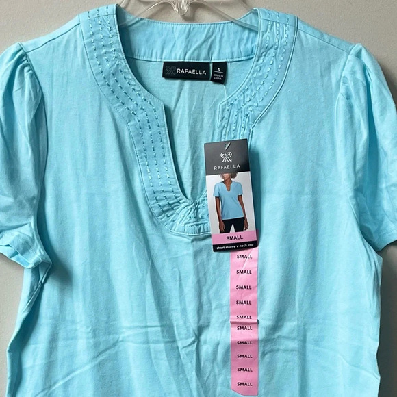 Rafaella Short Sleeve V Neck Pullover Top Cotton Casual Beaded Neck NWT Small‎ - Picture 1 of 8